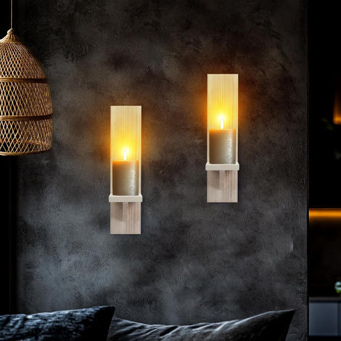 Set Wall Candle Sconces of Two, Wash White Wood Wall Candle Holder Decor, Farmhouse Wooden Candle Holder Decor
