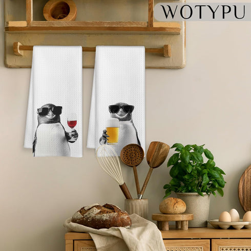 WOTYPU 16x24 Inch Set 2 Funny Penguin Kitchen Bar Towels, Penguin Gifts for Women Men, Gifts for Wine Beer Lovers