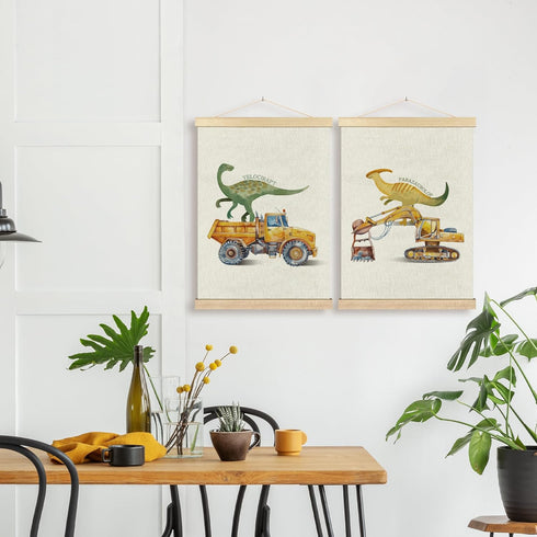 Set 2, 12x16 Inches BCUANGD Dinosaur and Construction Truck Wall Decor - Dinosaur Dino Poster Hanger with Wood Frames