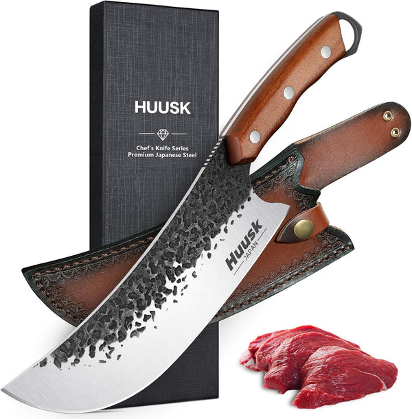 Huusk Butcher Knife | Heavy Duty Meat Cleaver with Sheath | Hand Forged Cooking Knife for Kitchen or BBQ