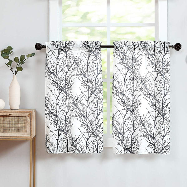 FMFUNCTEX White Black Kitchen Curtains, Small Tier Curtains 22" x 24" Cafe Curtain Set with Tree Branch Print