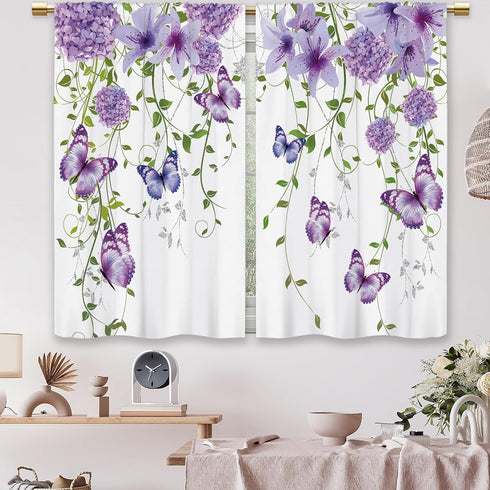 Purple Floral Butterfly Kitchen Curtains, Rustic Flower Small Short Cafe Window Drapes, 27.5x39 Inch