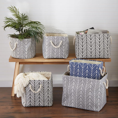 Large Gray Herringbone Storage Bin with Handles