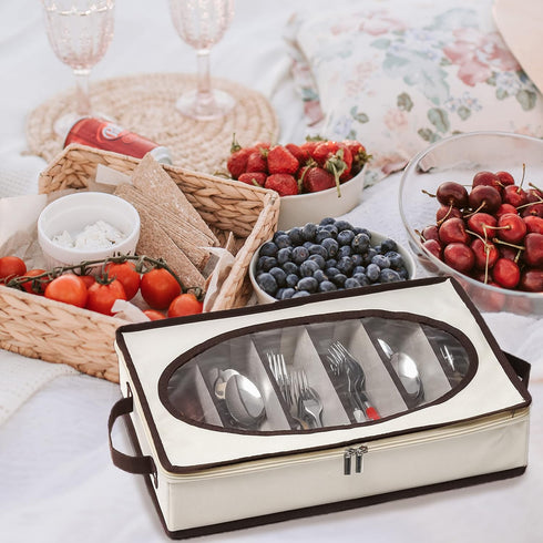 Flatware Utensil Storage Case Box, 6 Adjustable Compartment Organizer with Zipper Lid and Handles for Spoon, Fork,