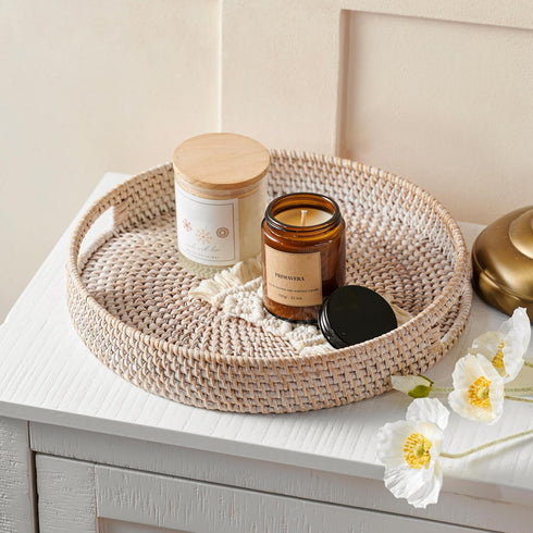 14 Counter JUNGLE CULTURE Handmade Round Wicker Tray Whitewashed Large Decorative Rattan Serving Basket for Coffee