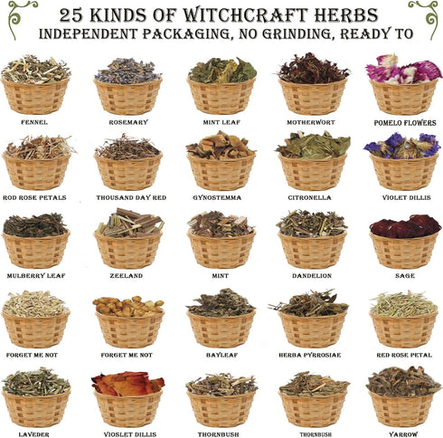 IRmm 85 Witchcraft Supplies Kit, PCS Wiccan Supplies and Tools, Include Dried Herbs, Crystal Jars, Colored Candles