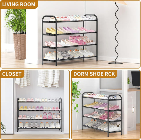 Hleelomi 4-Tier Closet,Living Expandable Shoe Rack for EntrywayAdjustable Metal Shoe Organizer for Room,Dorm,Black