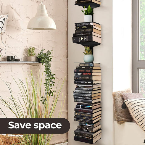 2 1 Pack Floating Book Shelves for Wall, Tier Invisible Floating Bookshelf, Vertical Spine Book Tower, Wall Mounted