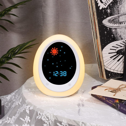 BUTTING Kids Alarm Clock, Toddler Sleep Training Clock with Sun & Moon, Sound Machine, Night Light, Ok to Wake Alarm