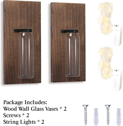 2 Pack Heiple Wood Glass Wall Sconces, Farmhouse Planters for Indoor Plants, Rustic Decor for Living Room, Hanging Vase
