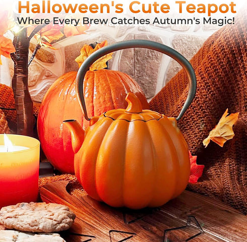 40oz Orange Pumpkin Cast Iron Teapot with Infuser - Japanese Iron Tea Kettle with Enamel Interior, Cute Halloween