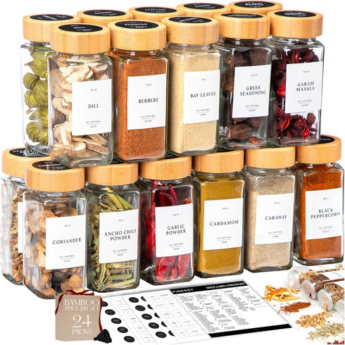 FINESSY Bamboo Glass Spice Jars with Labels and Shaker Lids Clear Empty
