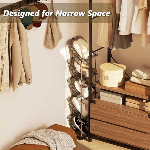 5 Patinao Sloping Narrow Shoe Rack Tiers - Free Standing Vertical Shoes Racks for Small Spaces and Corner, Shoe Storage