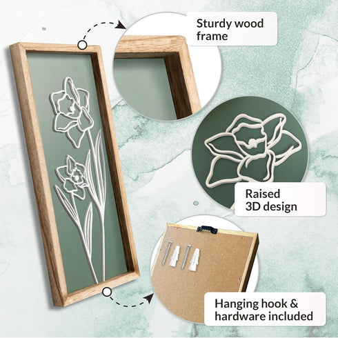 3D (Set 2) Floral Green Wall Art of Lightweight, Wooden Ready-to-Hang Boho Framed Wall Art for Bathroom, Bedroom
