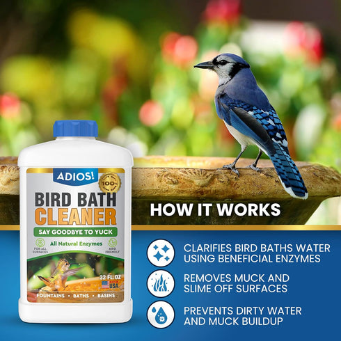 (16oz) ADIOS! Bird Bath Cleaner for Outdoor Fountains and Bowls, Safely Cleans Metal, Glass and Stone