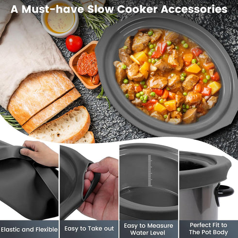 Slow Cooker Liners, Reusable & Leakproof Silicone for 7-8 QT Crock Pot, Dishwasher Safe, BPA Free (Grey)