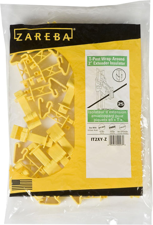 Zareba IT2XY-Z Snap-on 2-Inch Extender T-Post Insulator, Yellow, 25 per Bag