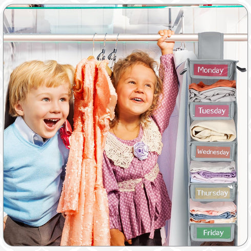 Yeyeplum 2 Pack 7 Closet Shelf Weekly Clothes Organizer Hanging for Kids with Side Pockets Weekday Shoes Rack Weekly