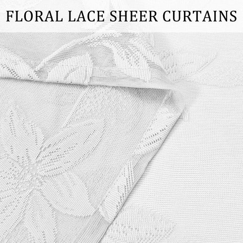 DWCN 2 Pack White Floral Lace Valances for Kitchen, Rod Pocket Half Window Sheer Curtains, 42 x 18 inch
