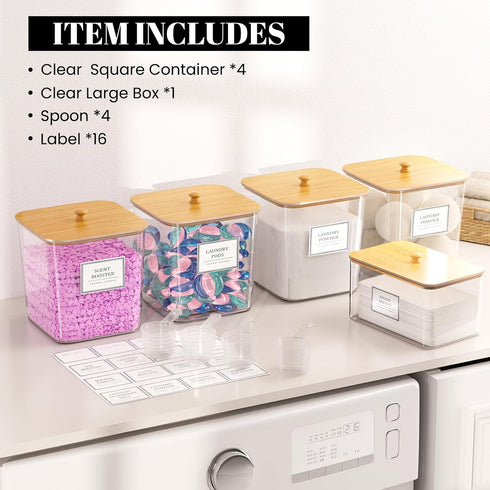 HomePekite 4+1 Pack Laundry Room Organization Containers,Clear Laundry Pods Container,Large Laundry Detergent Powder