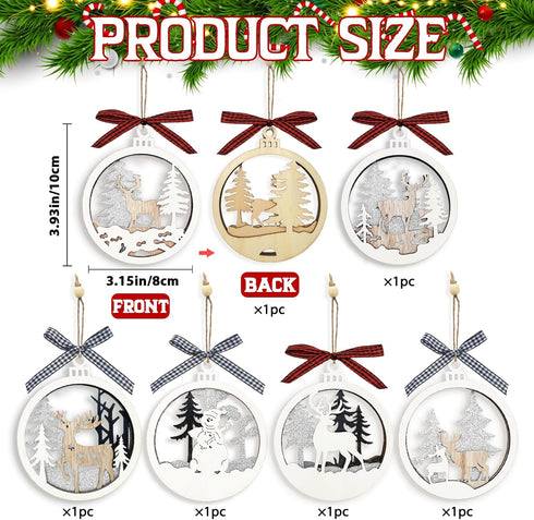 6pcs Christmas Farmhouse Rustic Ornaments Set, 3D Glitter Reindeer Wood Tree Decorations for Christmas