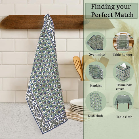 Set 3-16 x28 100% Ridhi Basil Green Hand Block Print Waffle Kitchen Towel of Ultra Absorbent Quick Dry Cotton Dish
