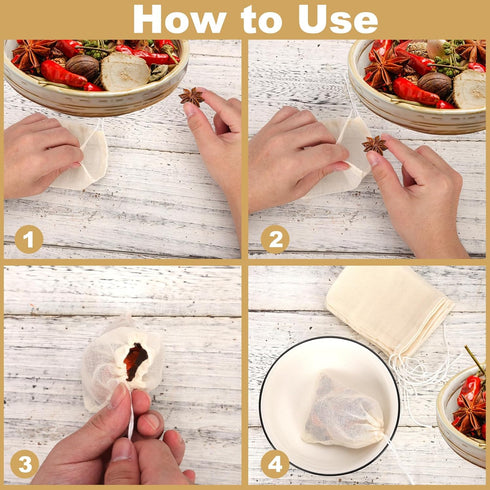 24pcs Drawstring Spice Bags, 3.86x3.15 Inch Muslin Tea Bags for Cooking, Reusable Filter for Herbs and Coffee