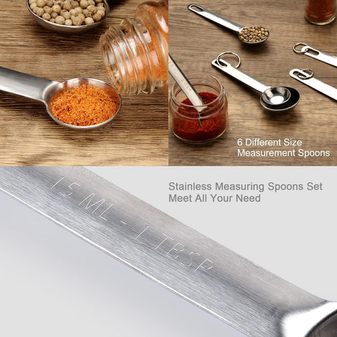 Upgrade Stainless Steel Measuring Spoons Set, 6 Pcs with Bonus Leveler, Etched Markings for Dry and Liquid, Fits Spice