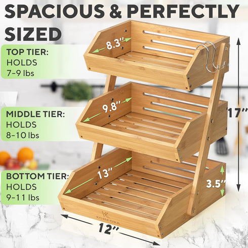 Bamboo Fruit Basket 3-Tier - Premium Produce Basket for Kitchen with 2 Hangers, Durable & Easy to Assemble Fruit Stand