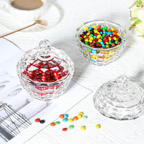 9fl.oz Set 2 ComSaf Crystal Glass Candy Dishes with Lids, of Mini Decorative Covered Candy Jars for Office Desk, Coffee