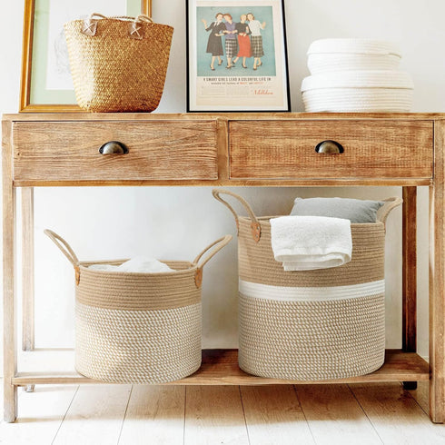 CHICVITA Extra Large Woven Storage Basket with Handles, Laundry Basket Toy Towels Jute Blanket Basket, 16" x 16"