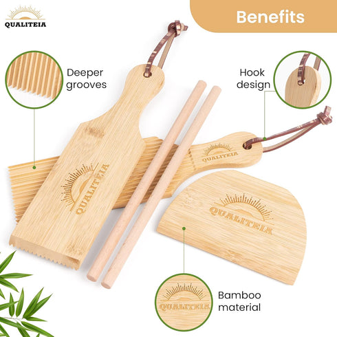 QUALITEIA Set 2x 2x 1x Set 4) Gnocchi Board for Rolling Dough - Paddles, Rollers & Cutter, Bamboo Pasta Shaper Tools