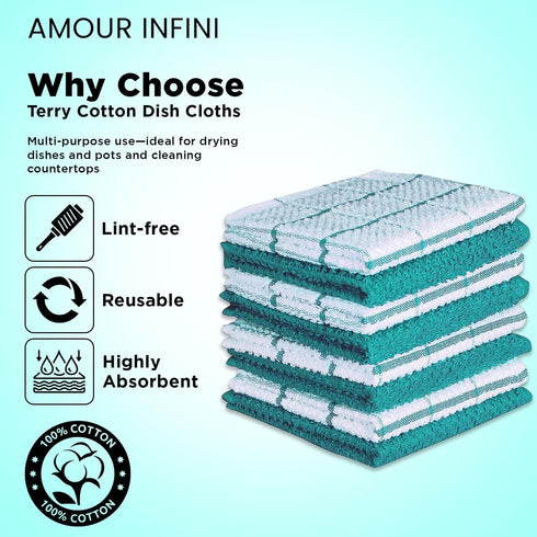 AMOUR INFINI Cotton Kitchen Dish Cloths Set of 8 - Highly Absorbent, Soft Terry Cleaning Cloths (Turquoise)