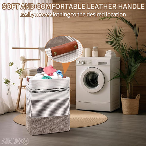 Tall Woven Rope Laundry Hamper - Clothes Basket with Leather Handles, 17.8" X 13.8" X 22", Blanket Storage Basket in