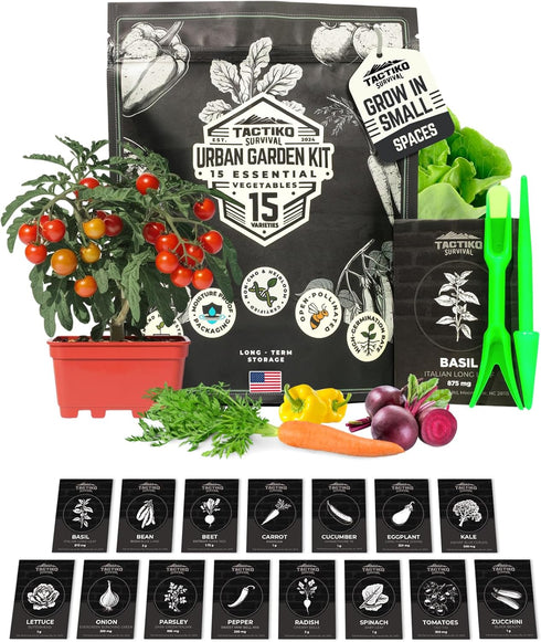 Tactiko Survival 15 Vegetable Seed Kit Varieties for Small Urban Garden, Balconies