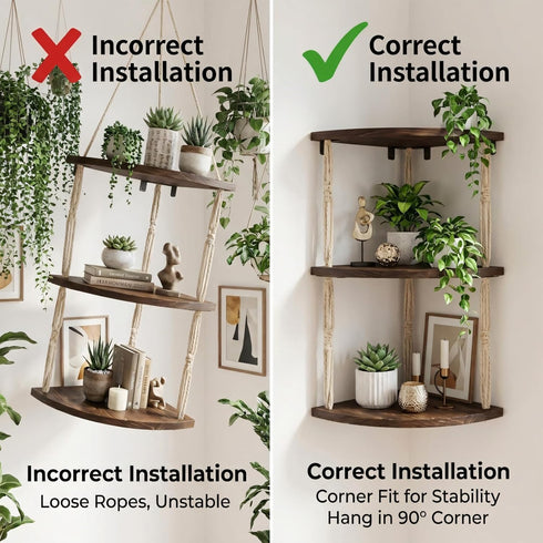 3-Tier REFGY Corner Floating Shelves with Aesthetic Greenery & Fairy Lights - Premium Wood-Textured Boho Wall Hanging
