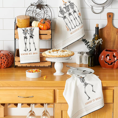 DII Halloween Hand Towels for The Kitchen, Decorative Spooky & Fun Cotton Printed Dishtowel Set, 18x28, Skeletons, 3