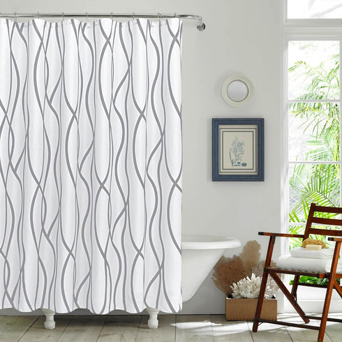 Biscaynebay Extra Long Textured Fabric Shower Curtain 72 W x 84 L, Silver Grey Striped Printed Linen, Machine Washable