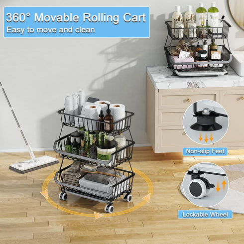 Mchoter 3-Tier Potatoes,1 Pack Rolling Pantry Floor Organizer, Stackable Pantry Storage Cart with Wheels, Metal Wire
