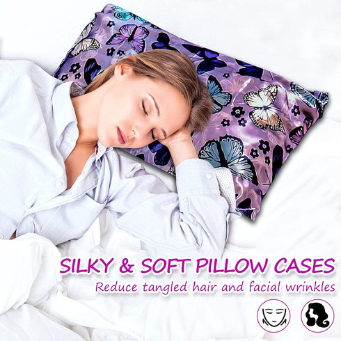 Satin Pillowcase for Hair and Skin, Soft Queen Size Pack of 2, Cooling Silk Satin with Envelope Closure (Purple)