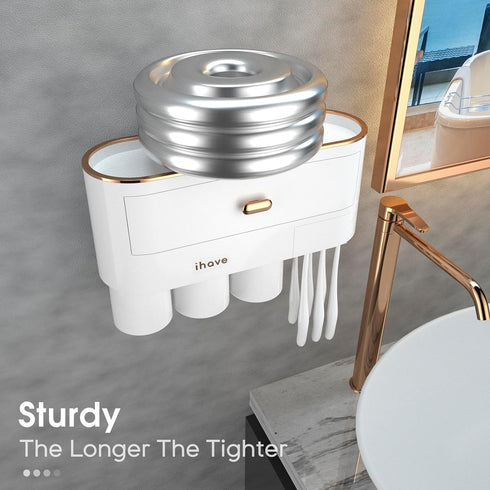 iHave 3 Cups Toothbrush Holders for Bathrooms, Wall Mounted Organizer with Large Capacity Drawer and Tray