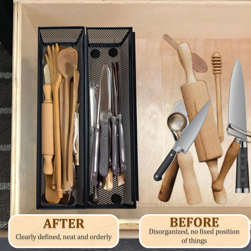 2PCS Drawer Organizer for Kitchen, Utensil Mesh Drawer Organizer with Interlocking Arm for Flatware, Black