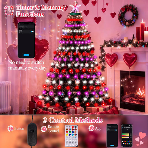 Smart Valentine's Day Lights with Star Topper, APP Control Music Sync Color Changing RGB Christmas String Lights