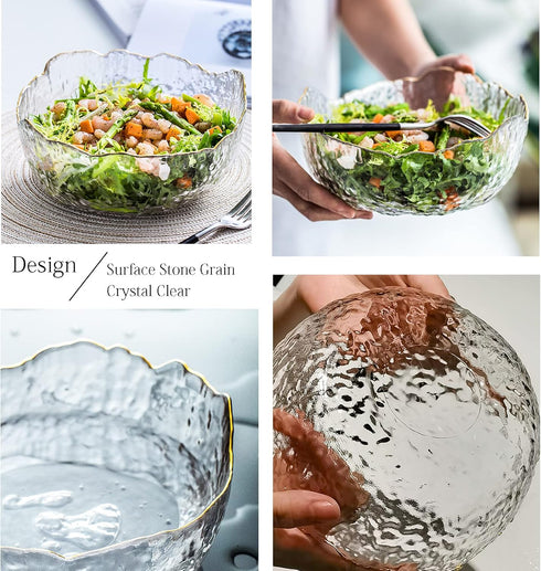 TOSSOW Glass Salad Bowl, Irregular Shape Serving Bowls, 25 oz Pyrex Mixing Bowls for Kitchen Prep, Transparent