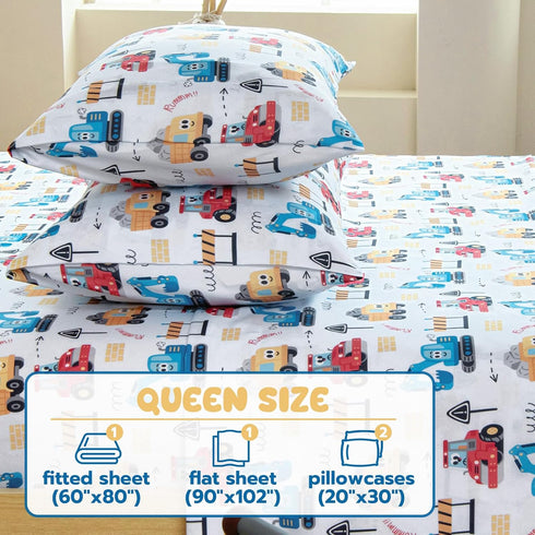 Set 4 15 Inch Queen Sheet Kids - Cars Pieces Soft Microfiber Cartoon Style Bedsheets for Boys Girls Teens, Oeko TEX