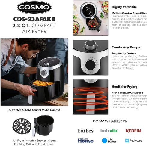 COSMO COS-23AFAKB 2.3 Quart Electric Air Fryer with Temperature Control, Timer, Auto Shut-Off, Non-Stick Tray