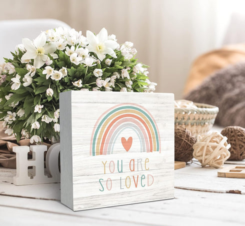 SRADMO You Are So Loved Rainbow Heart Wood Box Sign Desk Decor, Kids Inspirational Quotes Wooden Block Box Sign