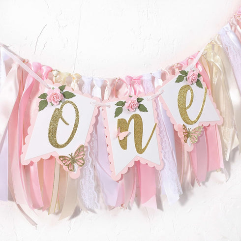 Agkvw 1st 1st Pink and Gold High Chair Banner- Floral and Butterfly One Highchair Banner, Birthday Party Decoration