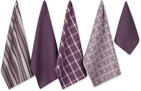 DII Assorted Woven Kitchen Set, 5 Piece - Dishtowel 18x28, Dishcloth 13x13, Eggplant