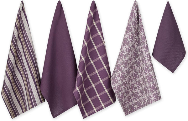 DII Assorted Woven Kitchen Set, 5 Piece - Dishtowel 18x28, Dishcloth 13x13, Eggplant